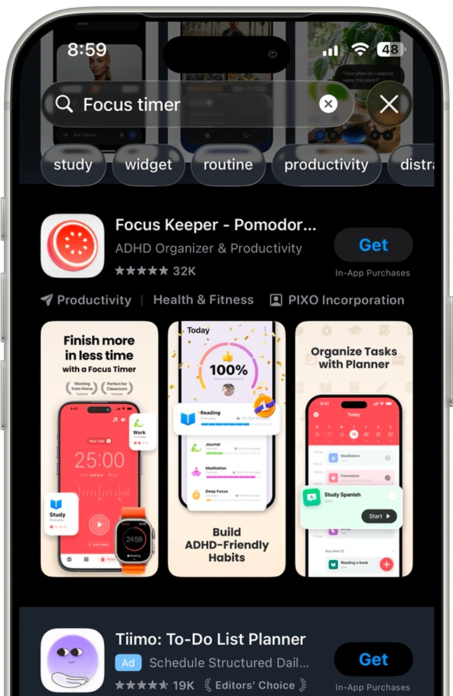 App Store search results for Focus timer on an iPhone